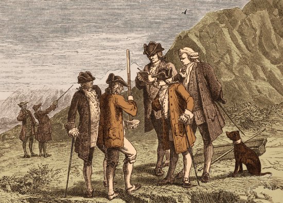 Gravura sobre o experimento de Pascal no monte Puy de Dôme